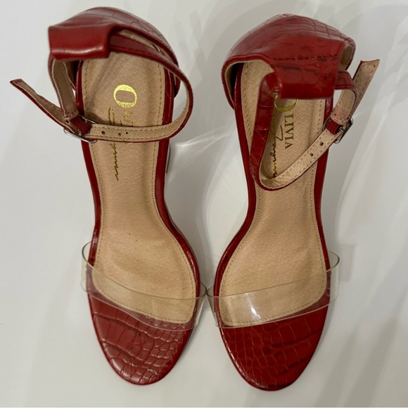 NWOT/NWOB Olivia Ferragamo Red Snakeskin Ankle Strap Sandal Wedges w/Clear Base - Picture 7 of 10